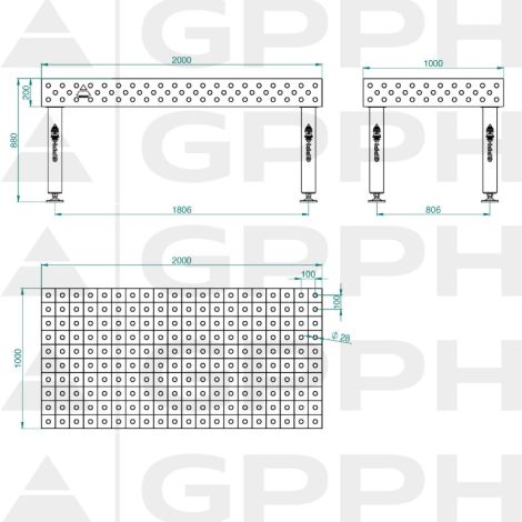 Stół spawalniczy GPPH PRO 2000x1000 siatka 100x100, otwory 28/16 GPPH kod: 78042 - 7